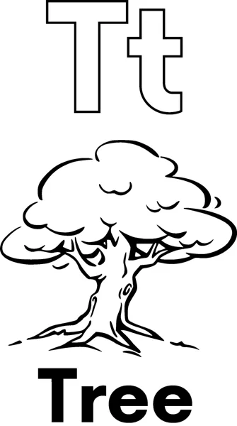 A large outlined letter T above a bushy tree with a thick trunk and visible roots, labeled Tree.