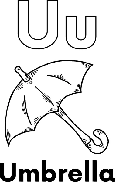 A large outlined letter U above an open umbrella with a curved hook handle, labeled Umbrella.