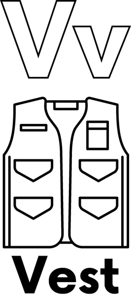 A large outlined letter V above a sleeveless vest with four front pockets, labeled Vest.