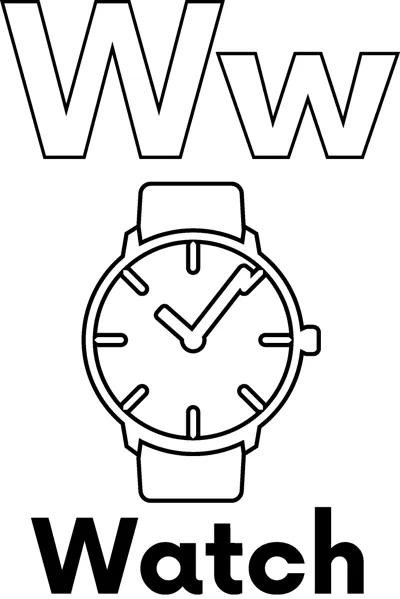A large outlined letter W above a round wristwatch showing hands on its face, labeled Watch.