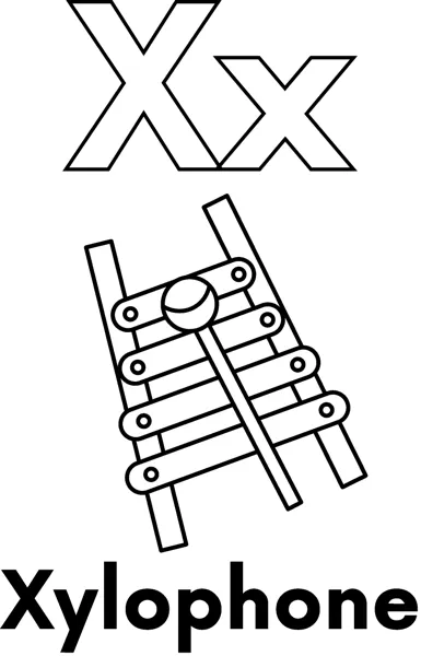 A large outlined letter X above a xylophone with bars and one mallet, labeled Xylophone.