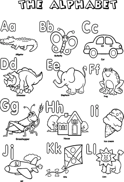A poster titled The Alphabet showing letters A to L, each with a small labeled picture like alligator and butterfly.