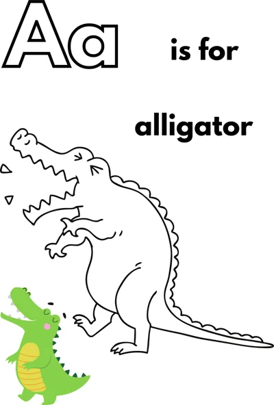 A large outlined letter A, the words is for alligator, and an alligator standing upright with its mouth open.