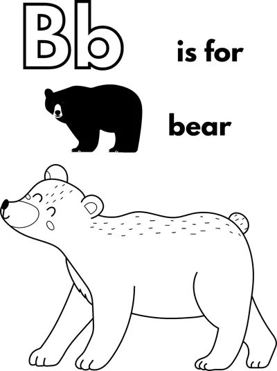 A large outlined letter B, the words is for bear, and a bear walking on all fours.
