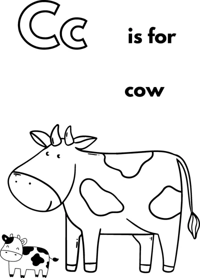 A large outlined letter C, the words is for cow, and a cow with large patches standing in profile.