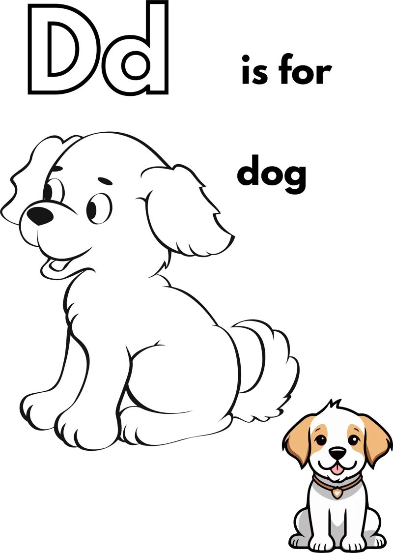A large outlined letter D, the words is for dog, and a floppy-eared puppy sitting down.
