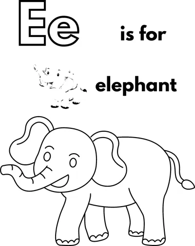 A large outlined letter E, the words is for elephant, and an elephant walking with its trunk lowered.