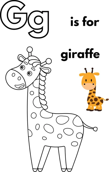 A large outlined letter G, the words is for giraffe, and a cartoon giraffe covered in round spots.