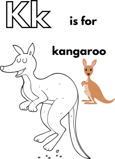 A large outlined letter K, the words is for kangaroo, and a kangaroo standing with its tail on the ground.