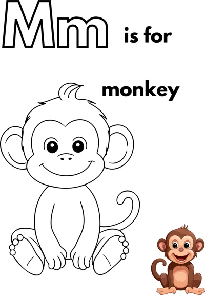 A large outlined letter M, the words is for monkey, and a cartoon monkey sitting with big round ears.