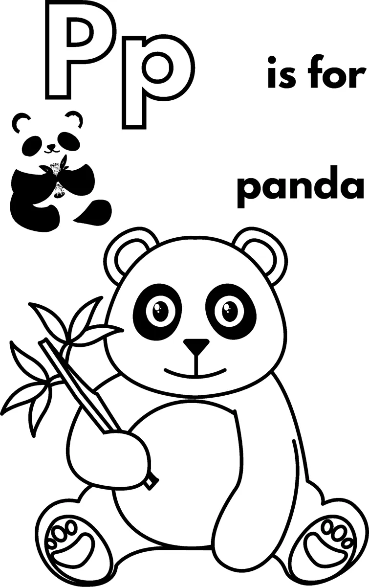 A large outlined letter P, the words is for panda, and a seated panda holding a bamboo stalk.