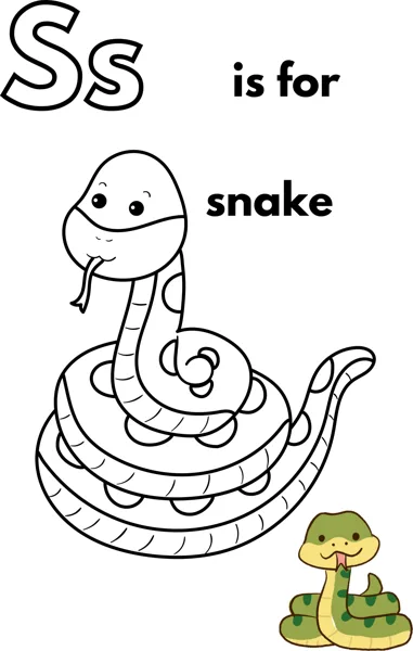 A large outlined letter S, the words is for snake, and a snake coiled in loops with its tongue out.