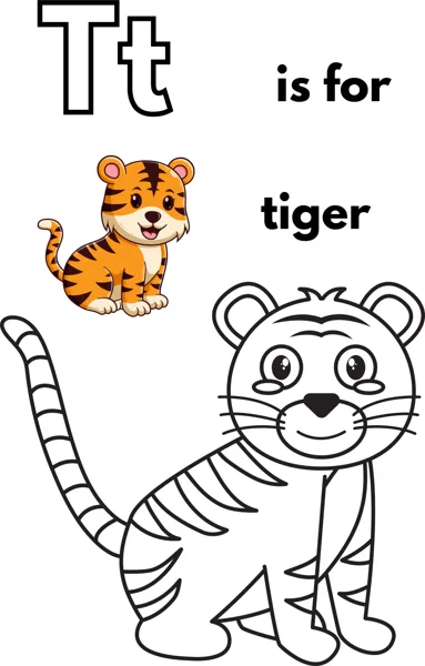 A large outlined letter T, the words is for tiger, and a sitting tiger cub with bold stripes.
