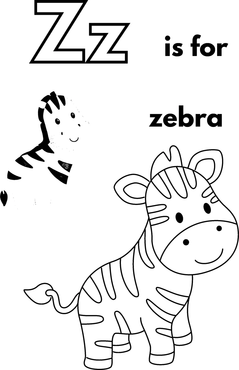 A large outlined letter Z, the words is for zebra, and a cartoon baby zebra with stripes.