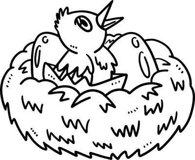A baby bird with an open beak sits among eggs in a straw nest.