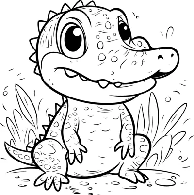 A smiling baby crocodile with big eyes sits among grass and leaves below a Color Me title.