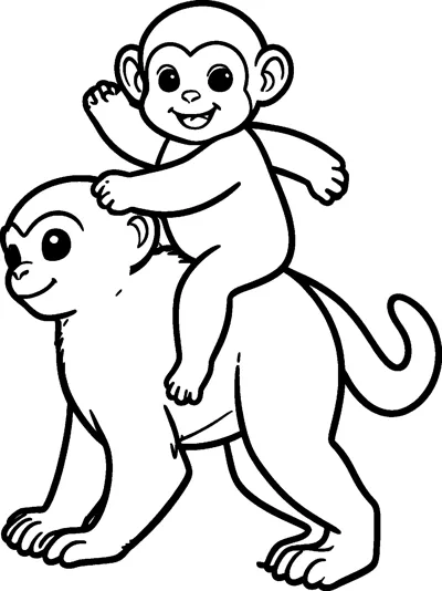 A small monkey sits on the back of a larger walking monkey, waving one hand with a big smile.