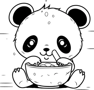 A chubby panda sits holding a spoon and eating from a large bowl in front of it.