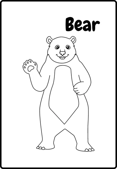 A bear stands upright on two legs waving one paw under the word Bear.