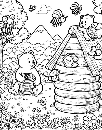 Bears eat honey beside a tall beehive while bees fly around a flowery meadow.