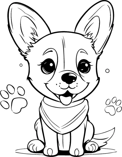 A puppy with large pointed ears sits wearing a bandana, with paw prints and a name line below.