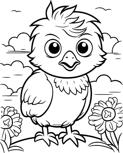 A fluffy baby bird with large round eyes stands on grass with flowers and clouds behind it.