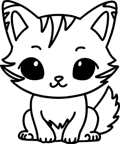 A kitten with huge eyes and striped forehead sits facing forward with a fluffy tail.