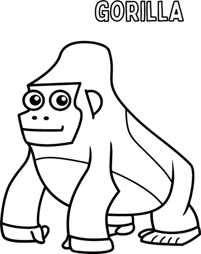 A broad gorilla crouches on its knuckles with its name printed above it.