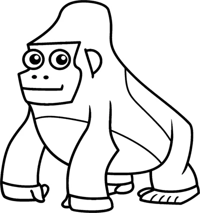 A broad gorilla crouches on its knuckles with its name printed above it.