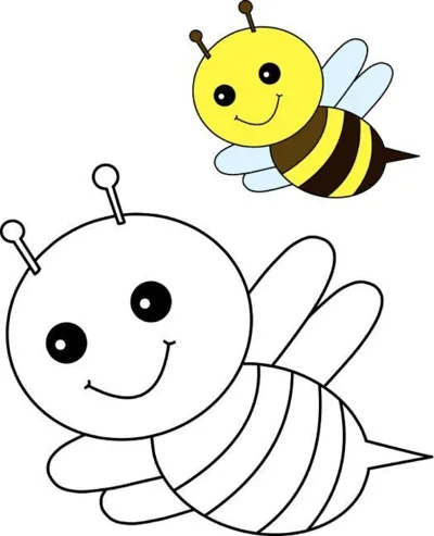 A large smiling striped bee flies across the page, with a small colored example in the corner.