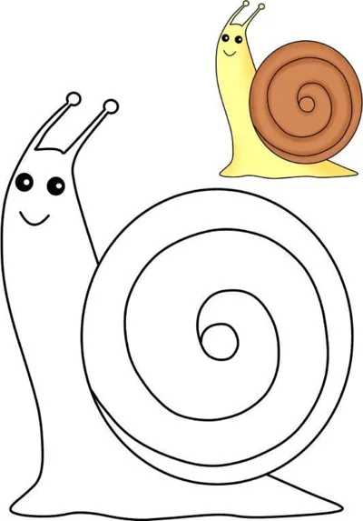A big smiling snail with a spiral shell and antennae, with a small colored snail shown in the corner.