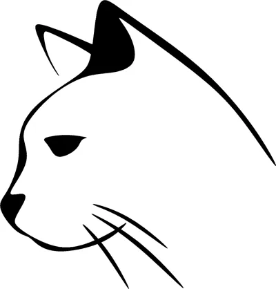 A cat head in profile drawn with a few thick strokes and whiskers inside a thin frame.