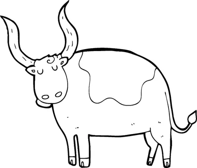 A patchy bull with long curved horns stands sideways above the word Bull.