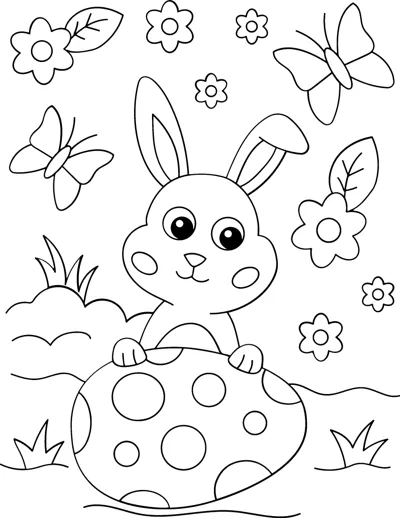 A bunny rests its paws on a large spotted egg while butterflies and flowers surround it.