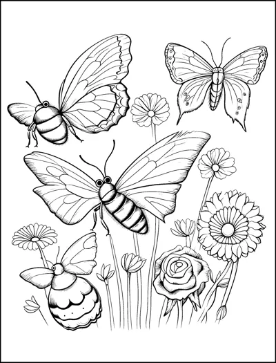 Several butterflies and two bees fly among roses and daisies in a wildflower meadow.
