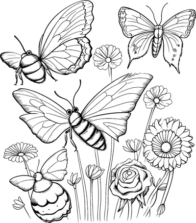 Several butterflies and two bees fly among roses and daisies in a wildflower meadow.