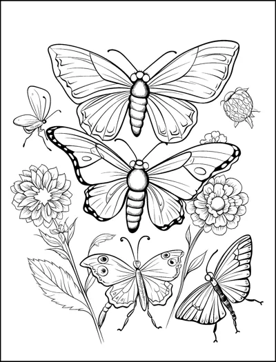 Five butterflies and moths with patterned wings rest and fly among dahlias and leafy stems.