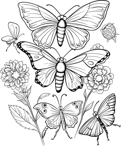 Five butterflies and moths with patterned wings rest and fly among dahlias and leafy stems.