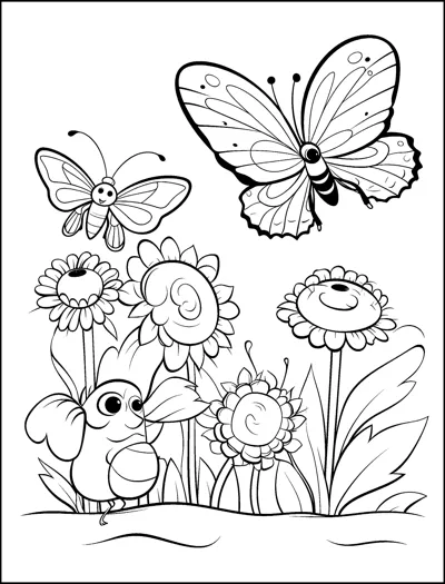 Two butterflies flutter above sunflowers and daisies, with a small smiling bird among the flowers.