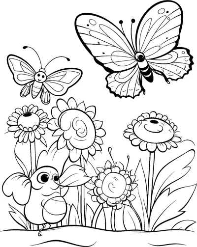Two butterflies flutter above sunflowers and daisies, with a small smiling bird among the flowers.