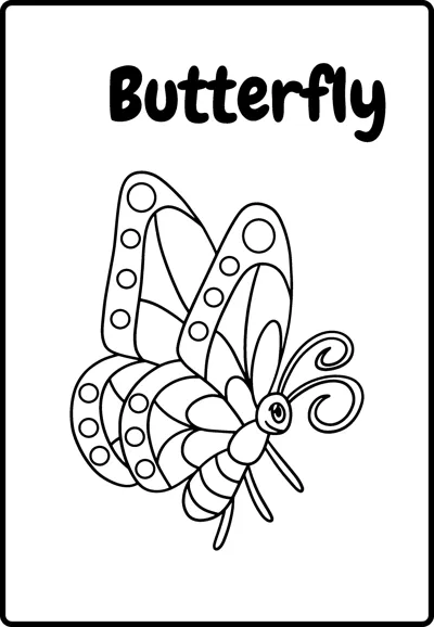 A butterfly with dotted wings and curly antennae flies at an angle under the word Butterfly.