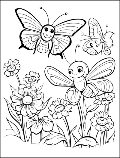 A smiling cartoon bee sits among daisies while two butterflies fly overhead.