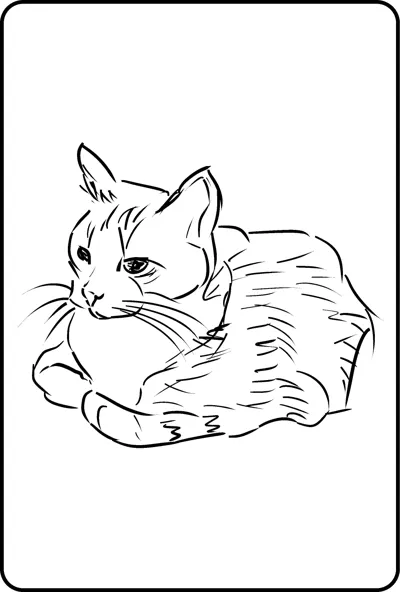 A sketched cat lies down with its front paws tucked, facing left, inside a thin frame.