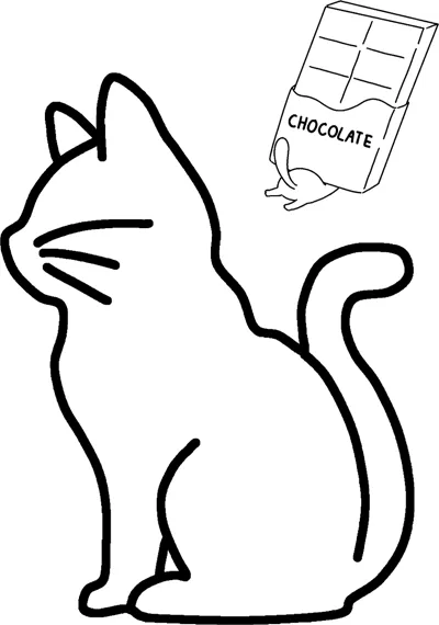 A thick-lined outline of a sitting cat seen from behind with a chocolate bar drawn in the corner.
