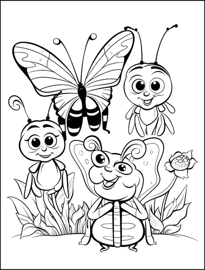 A butterfly, a bee, an ant and a caterpillar with big smiles gather in the grass.