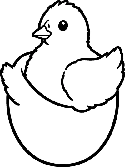 A fluffy baby chick with a little beak and spread wings pops out of the top of a cracked eggshell.