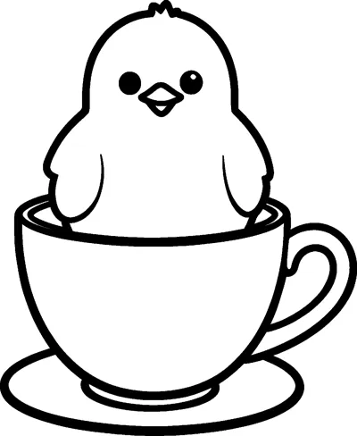 A round baby chick with two small wings peeks out of a teacup that rests on a saucer.