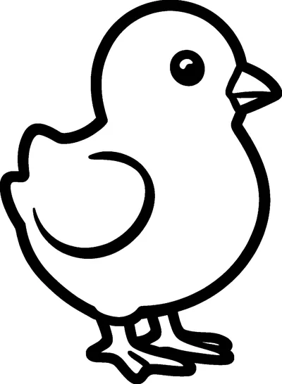 A round baby chick standing on two thin legs with a big eye, a small pointed beak and a curved wing.