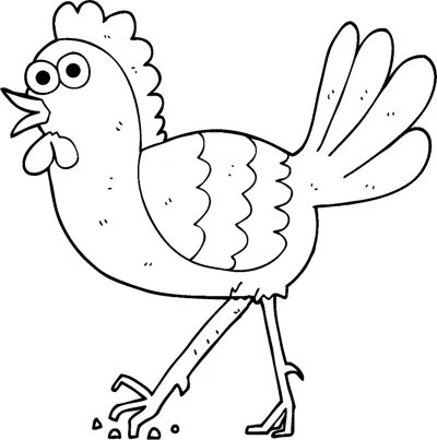 A cartoon chicken with a comb and tail feathers pecks at seeds above the word Chicken.