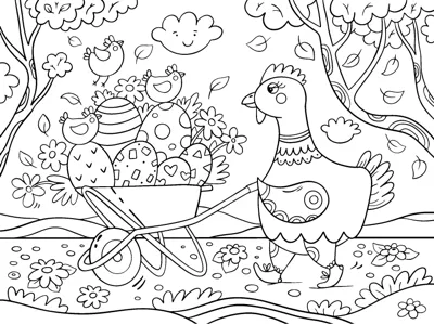 A chicken pushes a wheelbarrow full of eggs through a garden with trees and flowers.